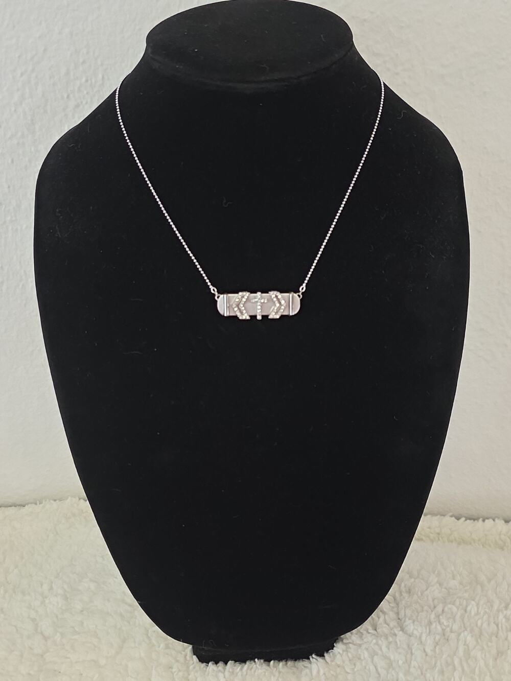 Religious Cross & Chevron Accents On Silver Tone Slide Bar Pendant Necklace